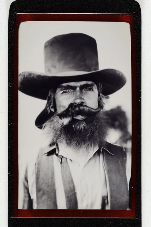 Prompt: polaroid photograph of cowboy sherrif resembling yosemite sam with huge hat, huge mustache, orange colors