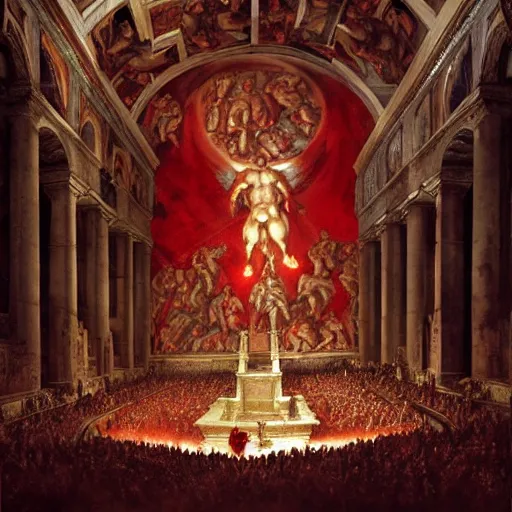 Prompt: the sistine chapel breaks open in half in the ceiling as a red magical portal from hell opens up, lucifer morningstar emerges along with hordes of demons, the priests and the pope look at the scene with terror in their eyes. highly detailed painting by gaston bussiere, greg rutkowski, craig mullins 8 k