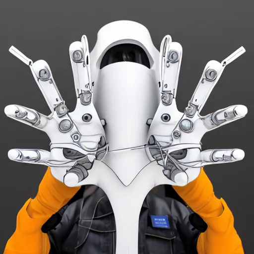 Image similar to mecha Heart-shaped fingers, two hang, Five fingers on the hand, a close up, white steel, extreme details, matte, noise, smoke, vertical symmetry, colourful lighting, steel joint, Wires, Mechanisms, unreal engine 5, artstationHD, 4k, 8k, 3d render, 3d Houdini, cinema 4d, octane,