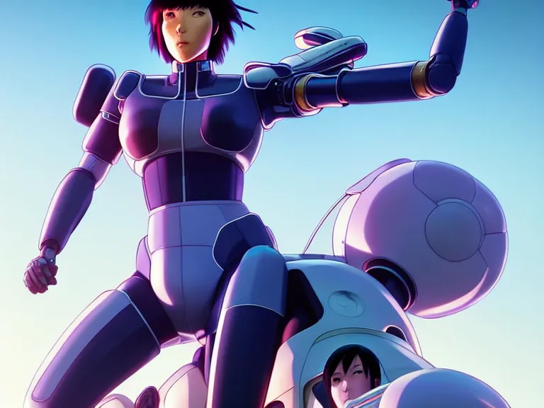 Image similar to a fullbody portrait of motoko kusanagi riding on top of a tachikoma : : stand alone complex, ghost in the shell, netflix : : by ilya kuvshinov, rossdraws, artgerm, sola digital arts, anti aliasing, raytracing : :