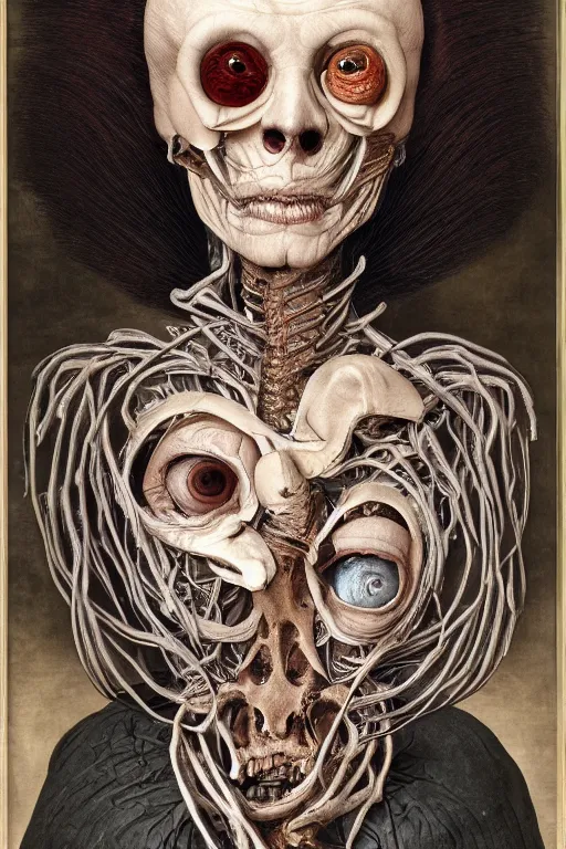 Image similar to Detailed maximalist portrait of an old woman with large lips and eyes, scared, botanical skeletal with extra flesh, HD mixed media, 3D collage, highly detailed and intricate, surreal illustration in the style of Caravaggio, dark art, baroque, centred in image