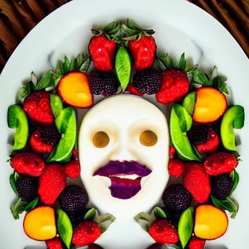 Image similar to beautiful photo a face made of fruit pieces, on a white plate, dslr