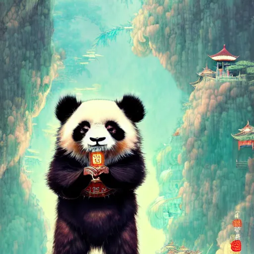 Image similar to a beautiful hyperdetailed character design 4 k wallpaper illustration of a cute panda with a chinese lion dance head victo ngai cyberpunk style, from china, style of studio ghibli, makoto shinkai, raphael lacoste, louis comfort tiffany, artgerm, james jean, ross tran, chinese style