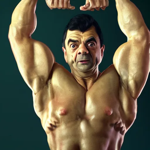 Image similar to upper body portrait of a hulking bulky swole steroids musclebound huge bodybuilder muscular herculean chiseled mr bean rowan atkinson, cinematic lighting, photorealistic, octane render, 8 k, depth of field, 3 d, art by artgerm and greg rutkowski and alphonse mucha and uang guangjian and gil elvgren and sachin ten