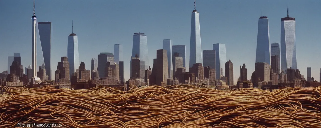 Image similar to spaghetti stand with the world trade center in the distance, growing out of the dirt, kodachrome, in the style of wes anderson, retro