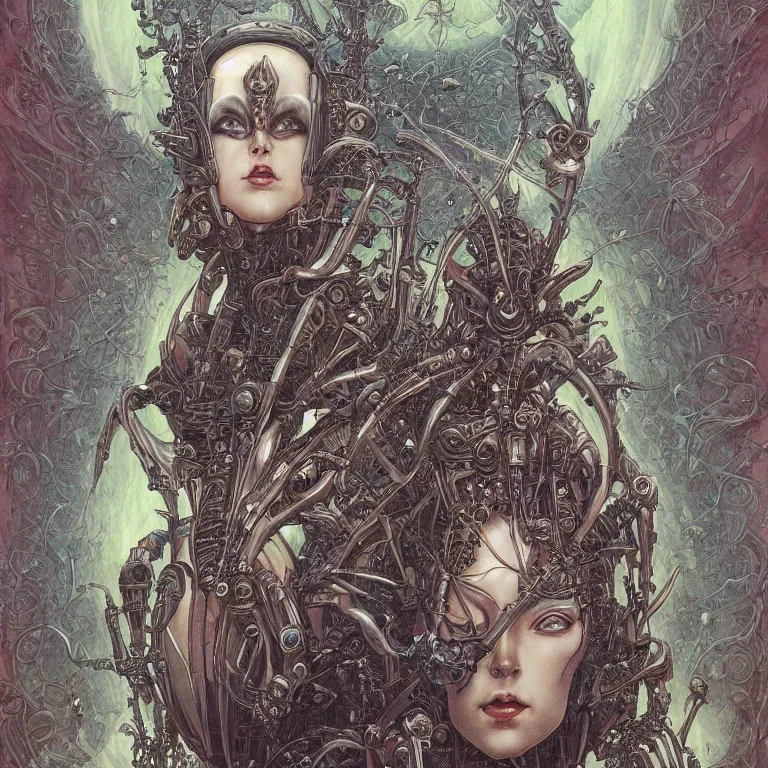 Image similar to ortrait of cool alien robot queen, symmetrical, by yoichi hatakenaka, juan gimenez, brom, karol bak, alphone mucha, gustave dore, takato yamamoto, james jean