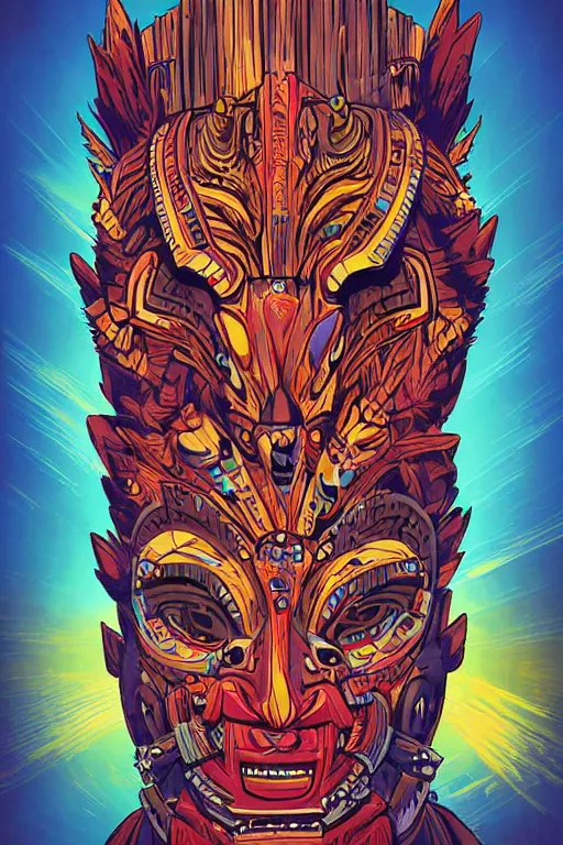 Image similar to totem animal tribal chaman vodoo mask feather gemstone plant wood rock video game illustration vivid color borderlands by josan gonzales and dan mumford radiating a glowing aura