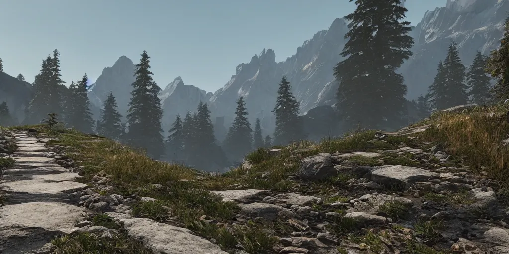 Image similar to pathway between mountains, rocks unreal engine render