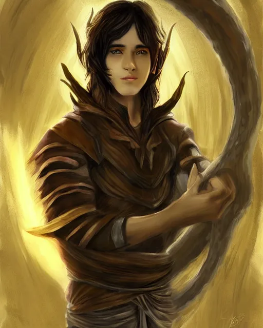 Image similar to portrait of elven teenage boy mage with long black hair holding dragon egg digital painting modern fantasy highly detailed