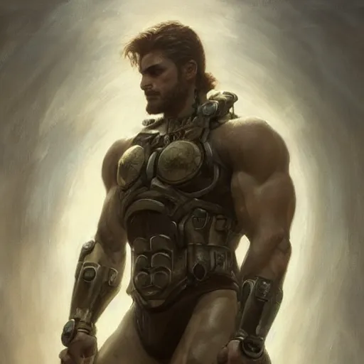 Image similar to handsome portrait of a spartan guy bodybuilder posing, radiant light, caustics, war hero, metal gear solid, ghost in the shell, by gaston bussiere, bayard wu, greg rutkowski, giger, maxim verehin