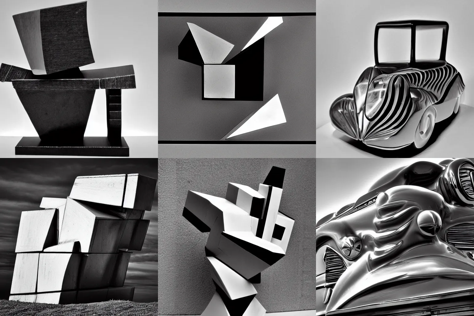 Prompt: retro automobile cubist sculpture black and white hard light photo