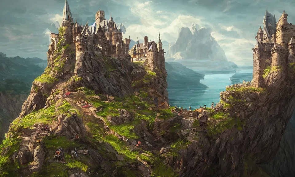 Prompt: medieval castle on a steep cliff, digital art, concept art, magic fantasy, scenic, vibrant colors, high contrast, highly detailed, trending on artstation, 8k, andreas rocha, sylvain sarrailh, darek zabrocki, bastien grivet, finnian macmanus, dylan cole, liang mark, albert bierstadt, sung choi, peter mohrbacher, greg rutkowski, thomas kinkade, dan mumford, studio ghibli