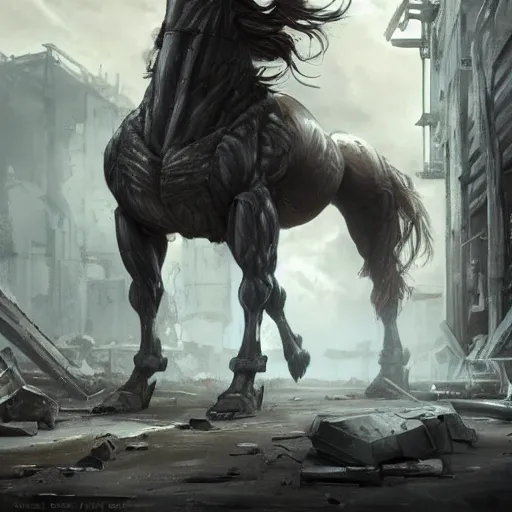 Prompt: a titanically muscular anthropomorphized horse with a magnificently massive physique wearing a tight kevlar standing in the ruins of a facility, equine, highly detailed, digital painting, artstation, sharp focus, game art, concept art, illustration, art by artgerm, greg rutkowski, wlop