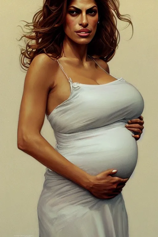 Image similar to pregnant eva mendes in a white dress, realistic portrait, symmetrical, highly detailed, digital painting, artstation, concept art, smooth, sharp focus, illustration, cinematic lighting, art by artgerm and greg rutkowski and alphonse mucha