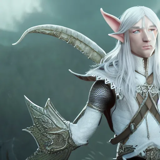 Image similar to a highly detailed male elf in full length, with white long hair, white clothes, bright blue eyes, artstation, DeviantArt, professional, octane render