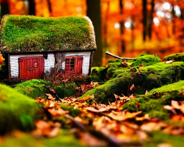 Image similar to dream a miniature village in a forest, moss, autumn, warm colors, photography, depth of field