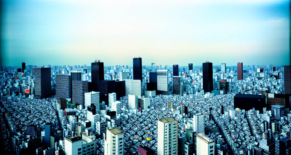 Prompt: photograph of the tokyo skyline, shot on cinestill 5 0 d with a 3 5 mm lens aperture f / 8, dynamic composition, high camera angle, wide angle, full frame, full res, pinpoint sharp focus, hyper realistic