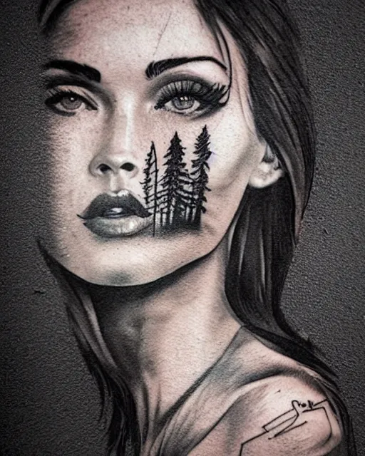 Image similar to double exposure tattoo sketch of megan fox faded with a beautiful mountain scenery, in the style of matteo pasqualin, amazing detail, sharp