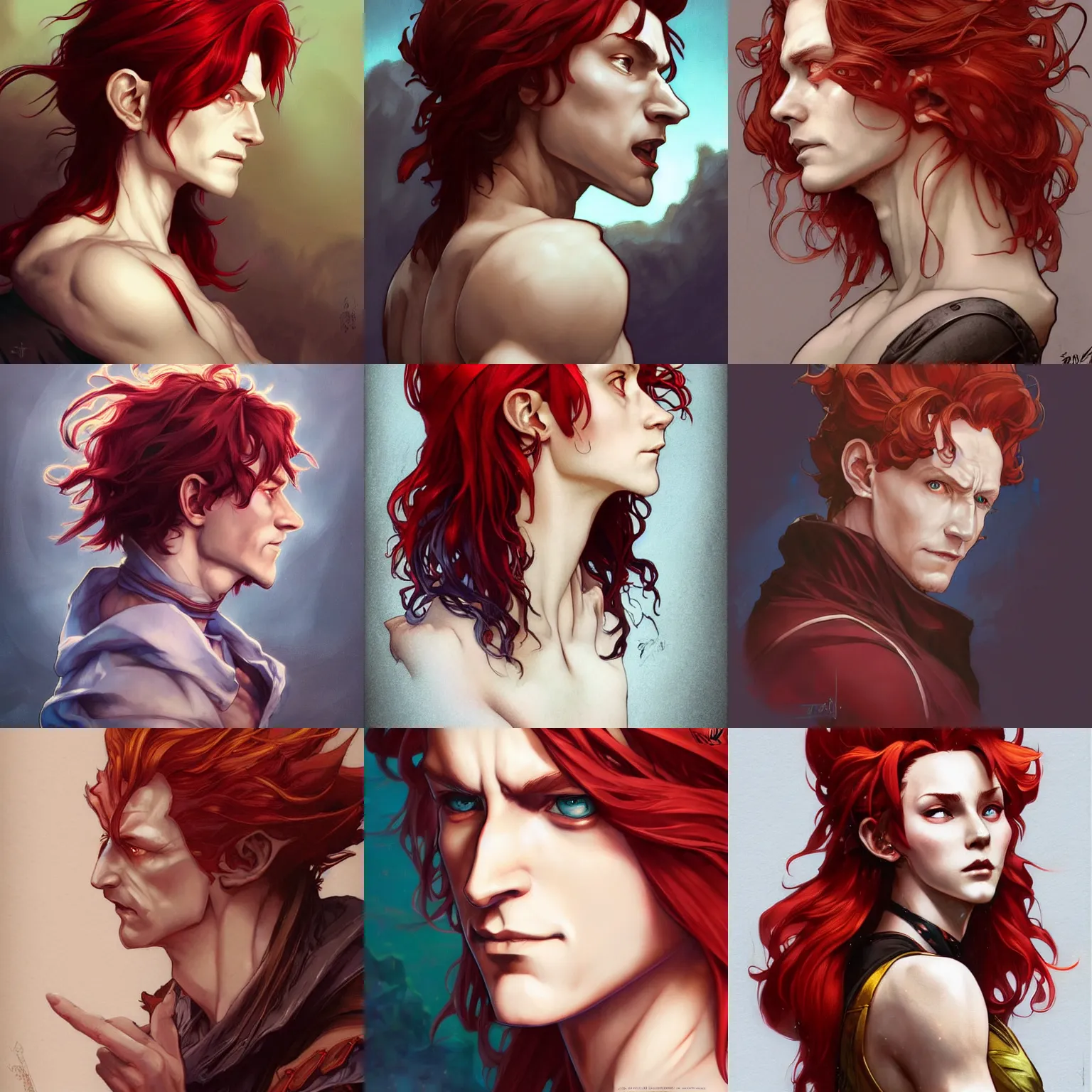 Prompt: hisoka, tom hiddleston, art by artgerm and greg rutkowski and alphonse mucha, reddish hair, sly expression, smirking, d & d, fantasy, portrait, highly detailed, side profile, digital painting, trending on artstation, concept art, sharp focus, illustration