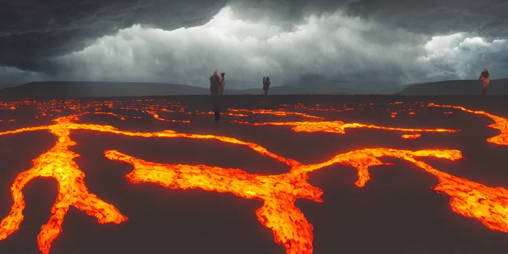 Image similar to A levitating crowd of people made from bright glowing volcanic stones floating in the air, storm clouds raining bright lava from the sky, Swelling waves, 8k photorealistic, dramatic lighting, chiaroscuro, William Eggleston