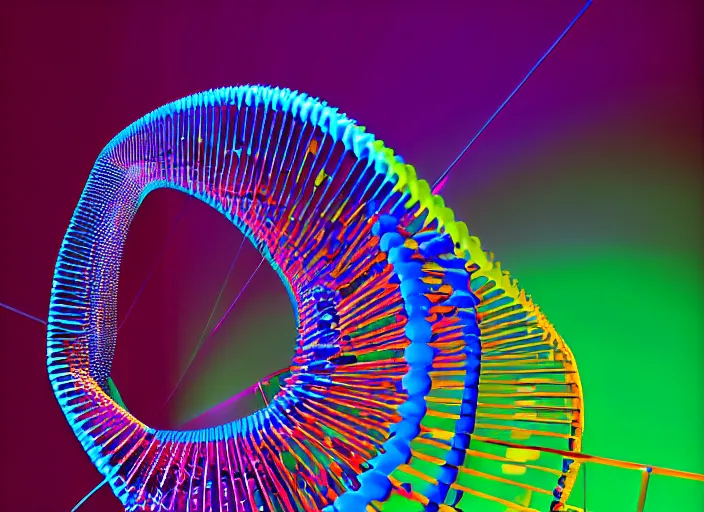 Image similar to portrait of a dna helix, colorful, modern art deco, mads berg, karolis strautniekas, stippled light, fine texture, editorial illustration, dramatic lighting, dynamic composition, detailed, matte print, dynamic perspective