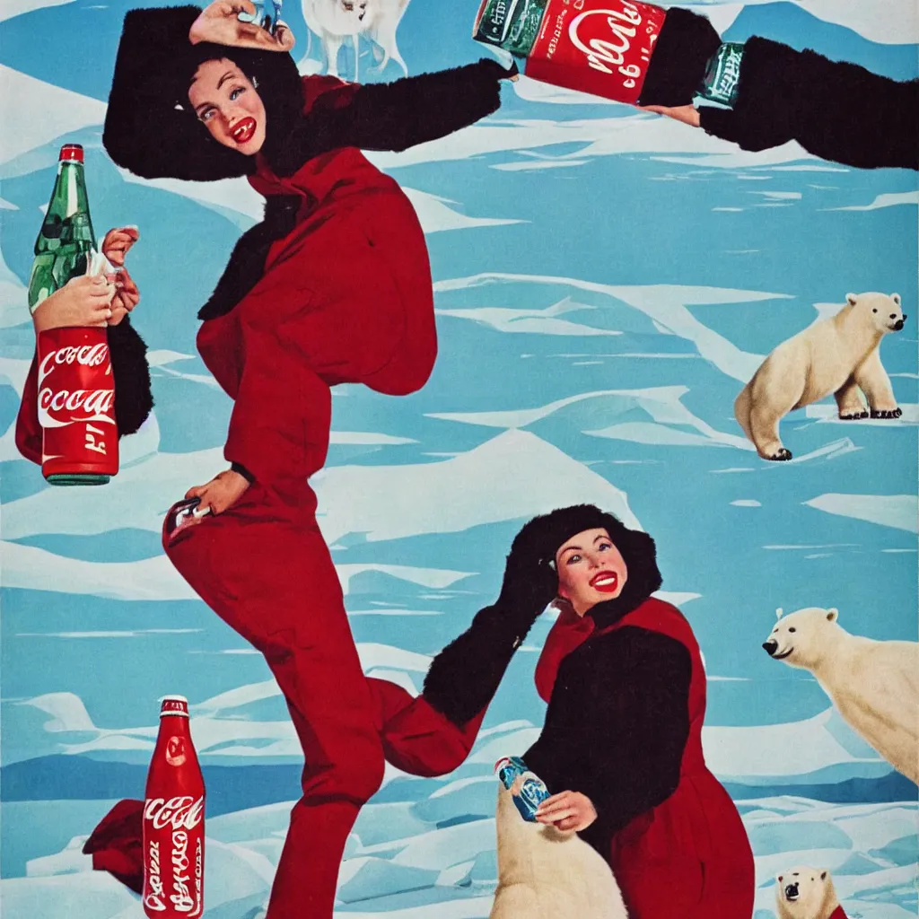 Image similar to woman wearing a parka drinking a bottle of coke in front of an icy polar landscape, polar bear in the far background, coka-cola advertisement, pinup style, retro ad, print advertising, 1960's