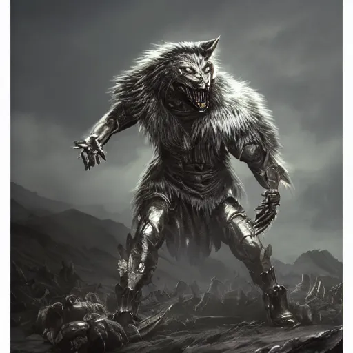 Image similar to armoured werewolf highly detailed, dramatic lighting, cinematic, 4k