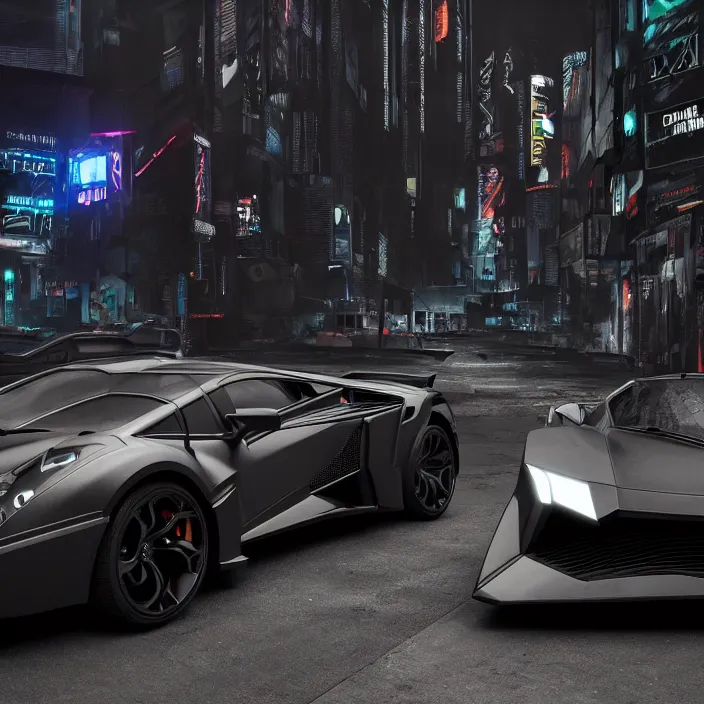 Image similar to dark cyberpunk car lamborgini counatch, in drak style cyberpunk city, by neill blomkamp director film, extreamly detailed, photorealism, photography, raytracing, 8 k, octane render, hyperrealism, perfect composition, art top in artstation, by chris labrooy, rendered in rtx, ssao, fxaa, unreal engine