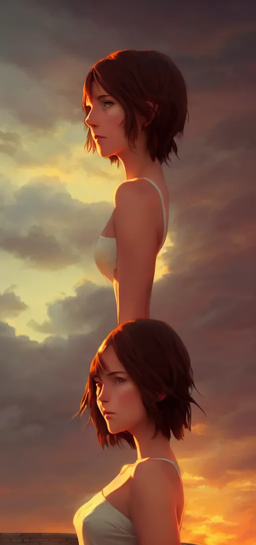 Image similar to a beautiful british woman with short brown hair, gentle, somber amber eyes, standing on a rooftop, storm in the distance, basic clothing, digital art by makoto shinkai ilya kuvshinov and wojtek fus, digital art, concept art,