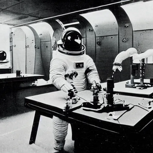 Image similar to old photograph of an astronaut in a futurist lab doing occult experiments