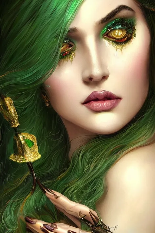 Prompt: a seductive beautiful witch from belarus, with a perfect face!!! shiny green iridescent makeup on skin, bust portrait, gold jewelry, dnd, face, fantasy, intricate, elegant, highly detailed, digital painting, artstation, concept art, smooth, sharp focus, illustration, art by artgerm and greg rutkowski and alphonse mucha