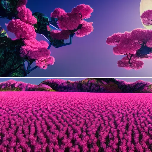 Image similar to hd futuristic blissful idyllic landscape full of cgi flowers and blossoms blooming under a false bright pink sun, hd, hyperrealistic, hyper detailed