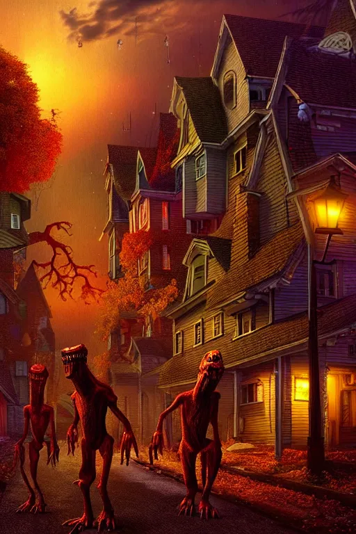 Image similar to a hyperrealistic vray rendering of a quiet autumn town being invaded by monsters in the night, cinematic horror by chris cunningham, lisa frank, richard corben, highly detailed, vivid color,