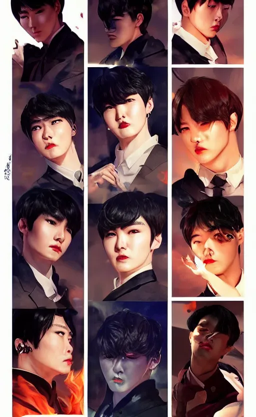 Prompt: MIN YOONGI is ZUKO, night time, dynamic lighting , looking at his FIRE SCAR reflection, +++ super super super dynamic posing, j.c. leyendecker, Valentina Remenar, thick eyebrows, super serious facial expression