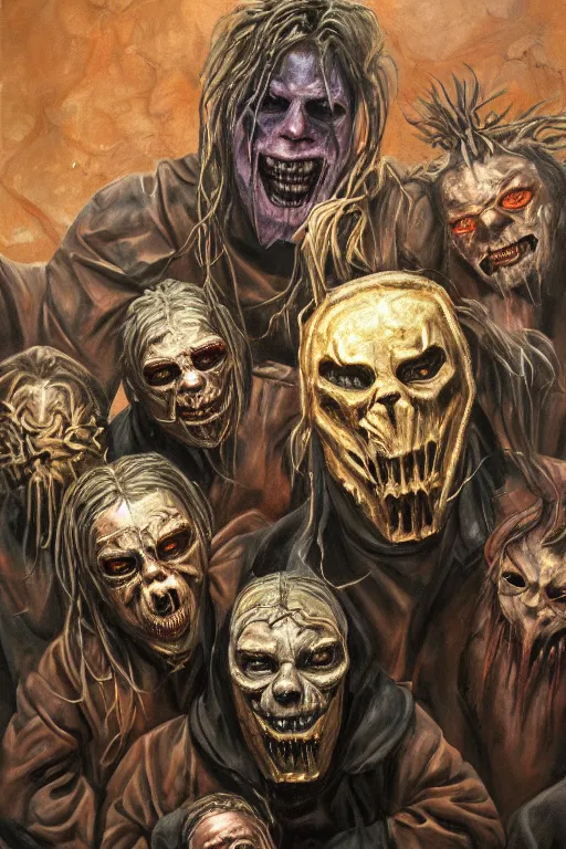 Image similar to a full body high detail fantasy portrait oil painting illustration of slipknot band in the torment nexus by justin sweet with face and body clearly visible, insane, visceral, realistic proportions, d & d, rpg, forgotten realms, artstation trending, high quality, sombre mood, artstation trending, muted colours, entire person visible!