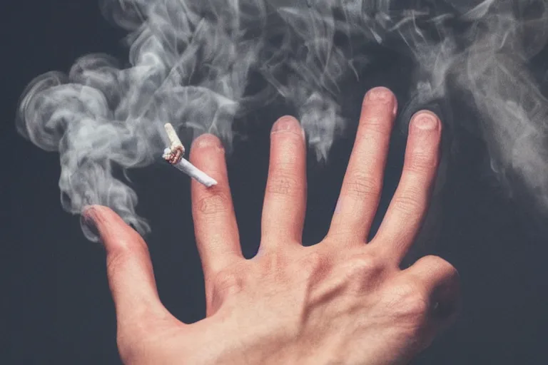 Image similar to Close-up of thin soft hand, hand with cigarette with smoke, hand with five fingers, hyper realistic, high details, photo, super resolution