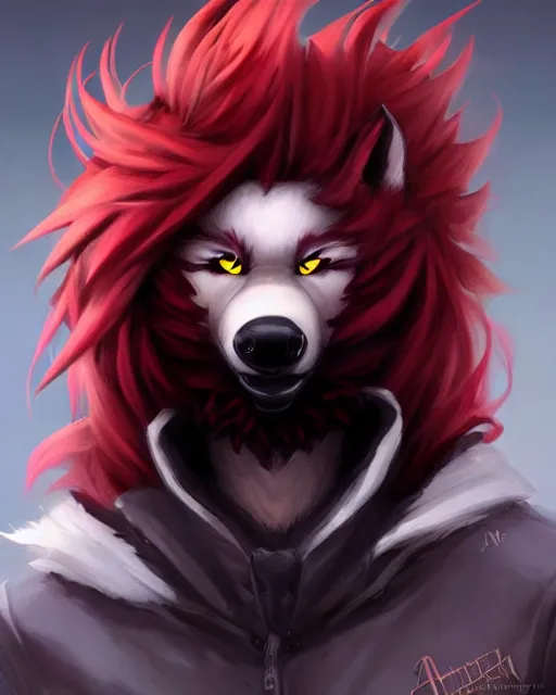 Image similar to character concept art of a black anthropomorphic furry male wolf long red hair | | cute - fine - face, pretty face, key visual, realistic shaded perfect face, fine details by stanley artgerm lau, wlop, rossdraws, james jean, andrei riabovitchev, marc simonetti, and sakimichan, trending on artstation