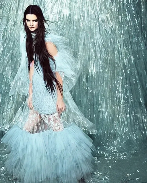 Image similar to annie leibovitz style photoshoot editorial of kendall jenner wearing a fairy dress with cream lace bodice with sleeves of sheer pale blue sequins