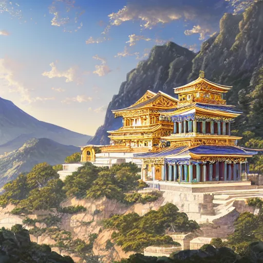 Image similar to concept art painting of a marble temple on top of a mountain, with greek and japanese architecture, overlooking a valley with a village below, realistic, detailed, cel shaded, in the style of makoto shinkai and greg rutkowski and albert bierstadt and james gurney