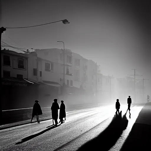 Prompt: people going to their office walking on wide side road,modern san francisco,misty morning with long shadows,fan ho photography