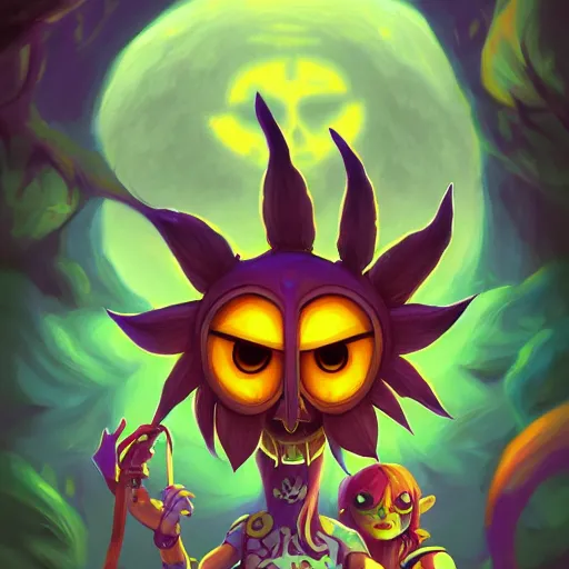 Prompt: a painting of majora's mask skull kid, art by lois van baarle and loish and ross tran and rossdraws and sam yang and samdoesarts and artgerm and saruei and disney, digital art, highly detailed, intricate, sharp focus, trending on artstation hq, deviantart, unreal engine 5, 4 k uhd image