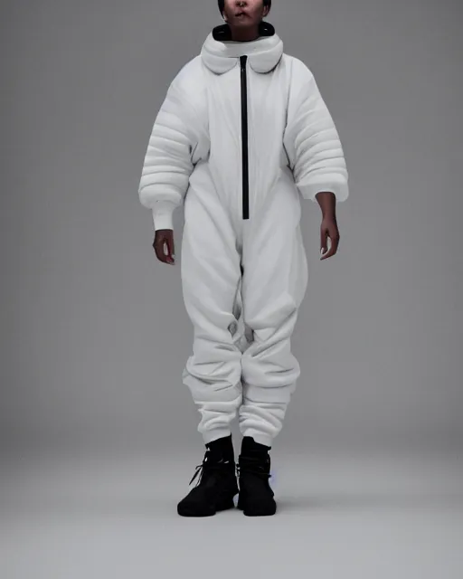 Image similar to Yeezy designed space suit, model, studio photography, clothing drop, unreleased, Yzy, YZY GAP, Balenciaga, minimalist, dystopian feel