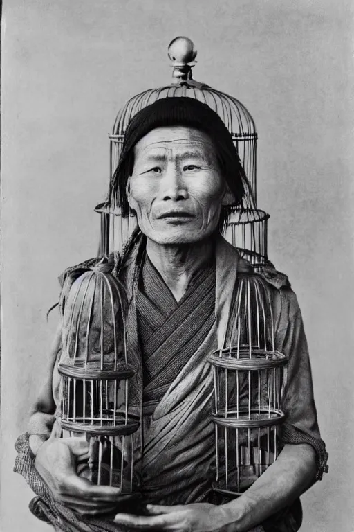 Image similar to ultra realistic vintage photo portrait of a tibetan man with a birdcage in the chest, by Annie Leibovitz,