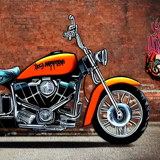 Prompt: a cartoon donkey, riding a harley - davidson motorcycle, orange and black, in the style of ed roth
