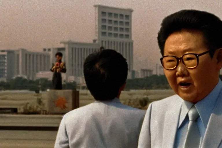 Prompt: a filmstill of Kim Jong-il looking at Starro Kaiju monster destroying Pyongyang, in Bullet Ballet by Shinya Tsukamoto (1998), traditional Korean city, palace, epic ultrawide shot, cinémascope