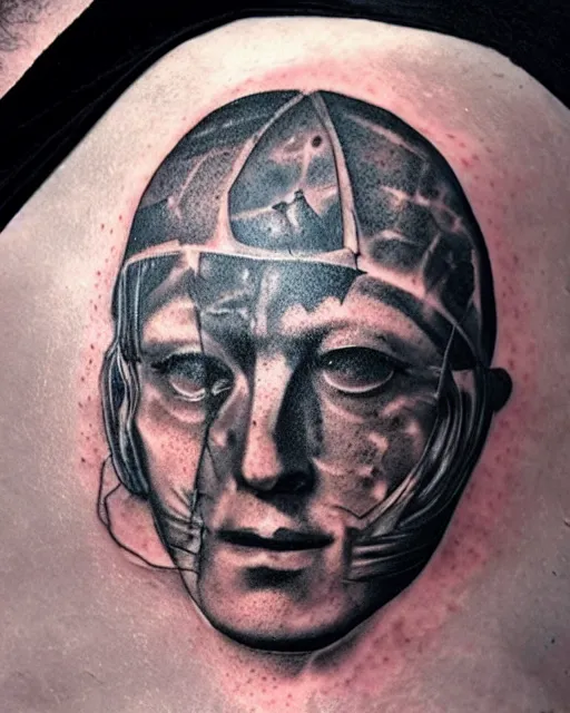 Prompt: planets coming out from the top of a broken renaissance head statue, tattoo design, hyper - realistic, in the style of tony santos