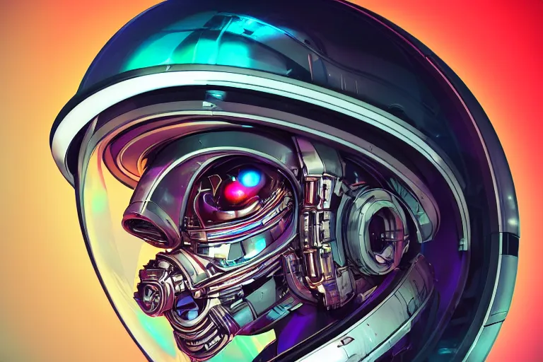 Image similar to portrait of a biomechanical head inside a futuristic space helmet, vintage, neon, white metal, iridescent visor, smooth, sharp focus, high detail, deviantart, artstation, halo, octane render, cinematic, hyper realism, 8k, depth of field, bokeh, art by Tooth Wu and wlop and beeple and dan mumford and greg rutkowski