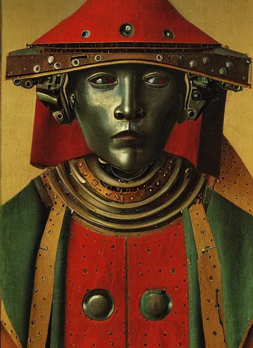 Prompt: a portrait of a warrior robot by Jan van Eyck