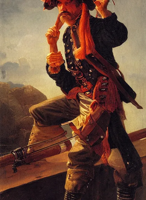 Image similar to close - up portrait of a male pirate with two peglegs and two hook hands, detailed dynamic light painting by albrecht anker