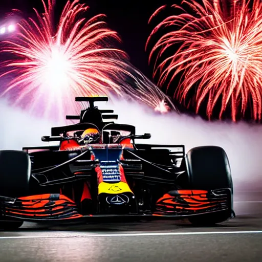Image similar to portrait of max verstappen getting out of a mercedes f 1 car, dramatic shot, great photography, ambient light, night time, fireworks in the background